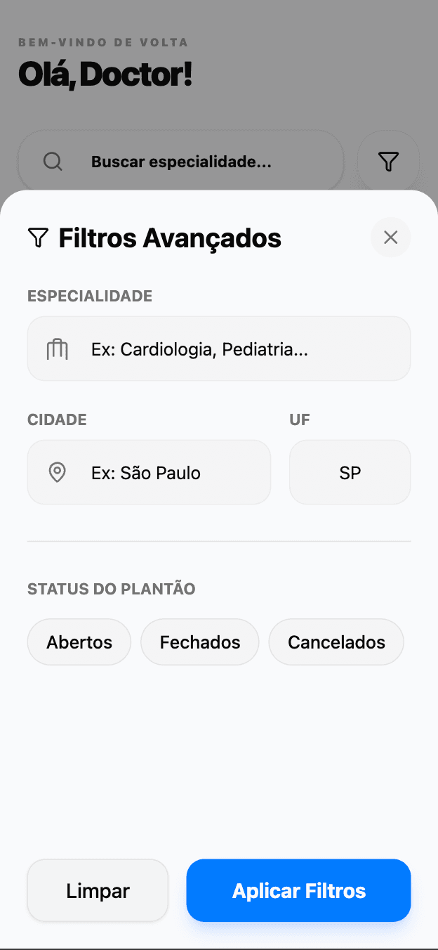 Filtros de plantões no app