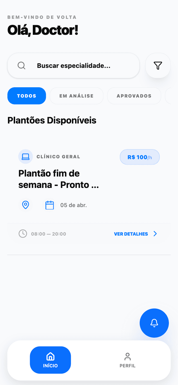 Tela inicial de plantões no app