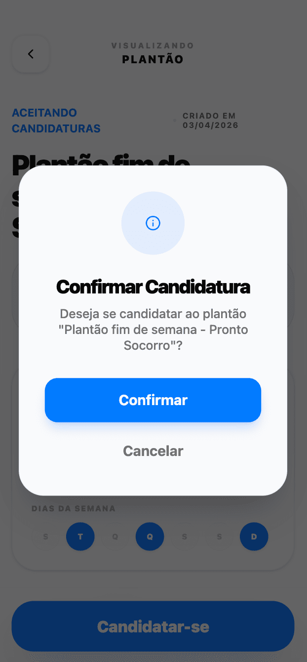 Popup de candidatura do app