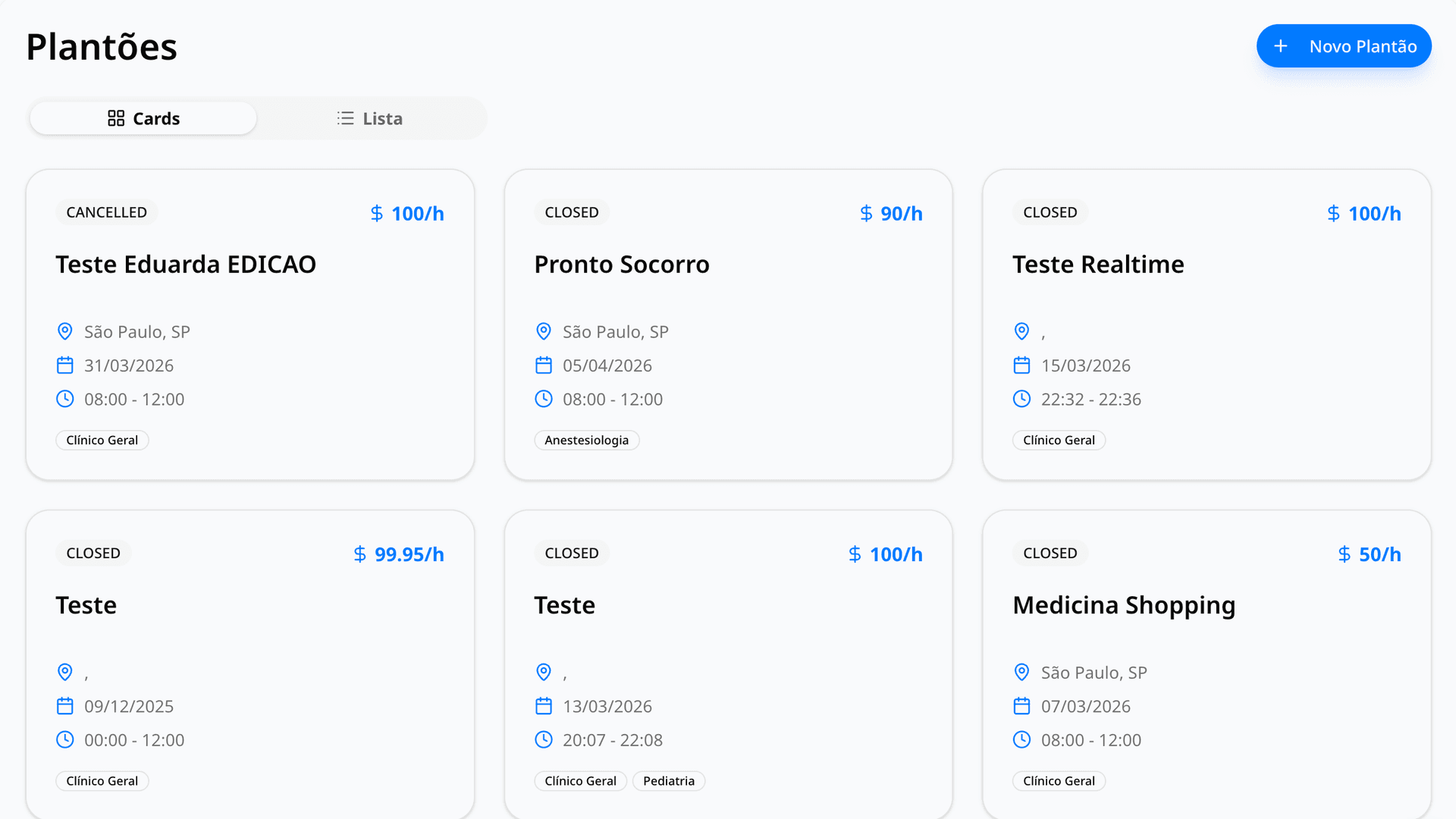 Página de plantões no web